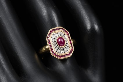 14K CABOCHON RUBY AND DIAMOND RING