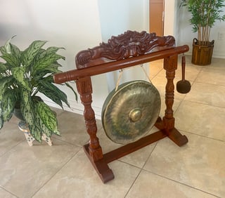 GONG WITH CARVED WOOD DRAGON MOTIF FRAME AND MALLET