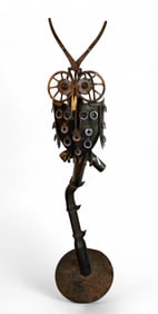 ILLEGIBLY SIGNED STEAMPUNK/FOLK ART OWL SCULPTURE