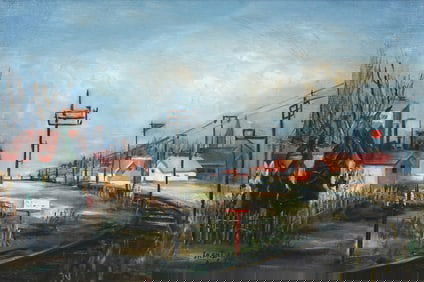 IRAN DARROUDI PAINTING RAILWAY OUTSIDE VILLAGE