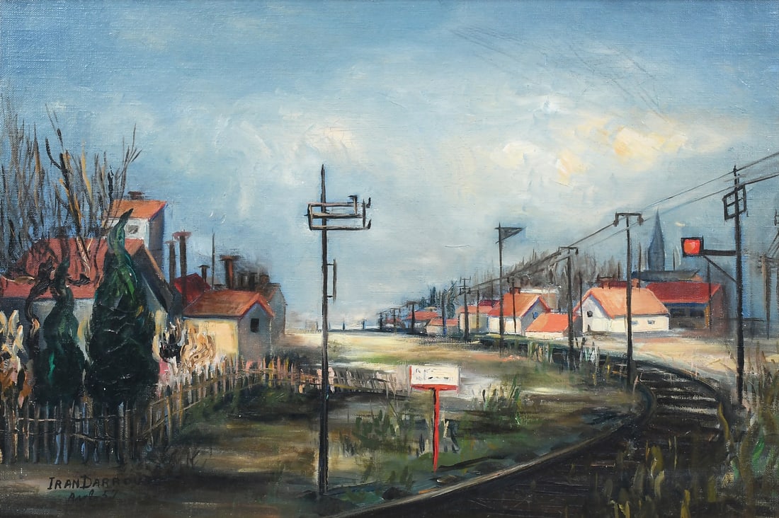 IRAN DARROUDI PAINTING RAILWAY OUTSIDE VILLAGE (1 of 4)