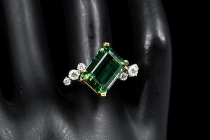 14K EMERALD CUT TOURMALINE & DIAMOND RING