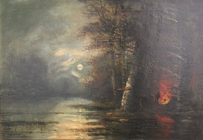 MOONLIT NOCTURNAL LAKESIDE CAMPIRE PAINTING