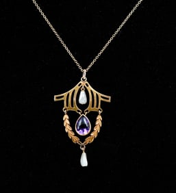 14K AMETHYST & PEARL LAVALIERE PENDANT & CHAIN