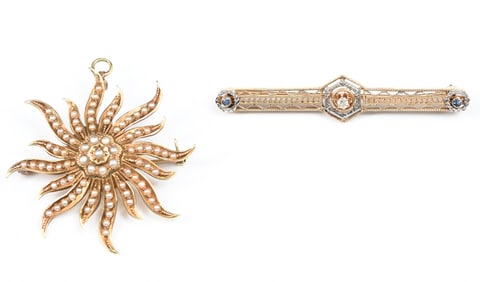 14K GOLD AND SEED PEARL PENDANT/BROOCH & BAR PIN