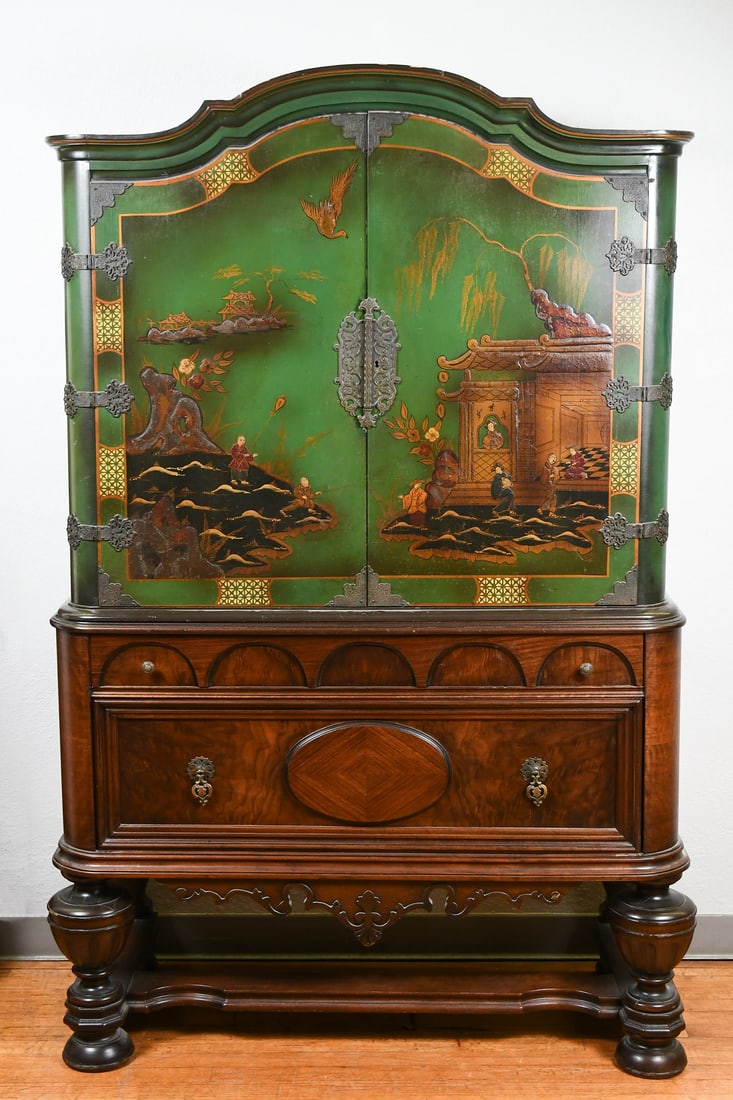 DECORATED 2 DOOR OVER 2 DRAWER CHINOISERIE CABINET: DECORATED 2 DOOR OVER 2 DRAWER CHINOISERIE CABINET: A contemporary Chinoiserie cabinet with a two door figural decorated cabinet over two drawers. Raised on Fluted Baluster legs with Bun feet. Approx.