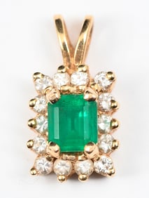 RECTANGULAR 14K EMERALD AND DIAMOND PENDANT