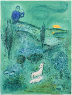 MARC CHAGALL "DISCOVERY OF DAPHNIS" LITHOGRAPH: CHAGALL, Marc, (French, American, Russian,1887-1985): "Discovery of Daphnis by Lamon", from Daphnis et Chloe, 1961, Lithograph, sight size 19" x 14.25", signed in pencil lower right, numbered 58/60, f