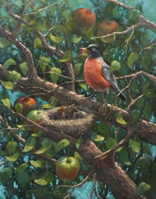 MARVIN ENES PAINTING OF ROBIN FEEDING A FAMILY