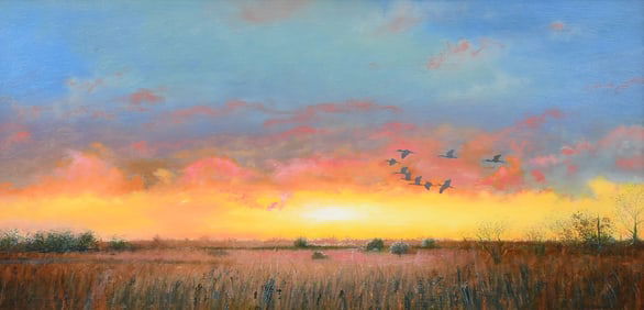 MICHAEL HODOWAL PAINTING OF GEESE AT SUNSET