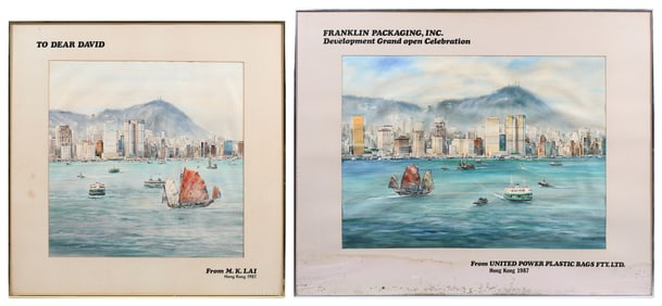 TWO RICHARD LEUNG HONG KONG HARBOR PAINTINGS