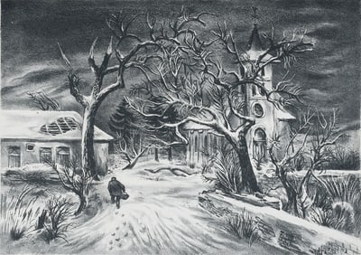 AARON BOHROD WINTER STREET LITHOGRAPH