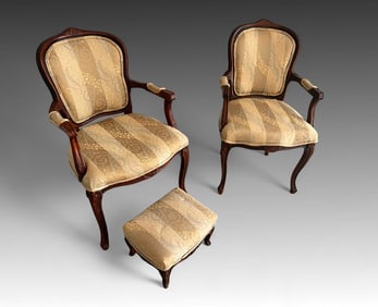 3 PC. LATE VICTORIAN FRENCH ARMCHAIRS & STOOL