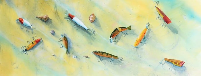 BILL RENC WATERCOLOR PAINTING OF FISHING LURES