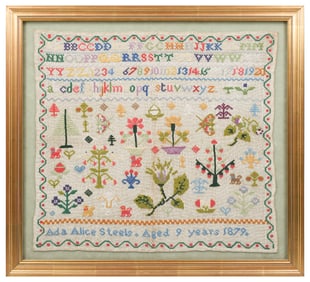 ADA ALICE STEELS 9 YRS. 1879 FOLK ART SAMPLER