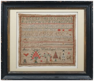 FRAMED ANN CLEGGS 1840 FOLK ART SAMPLER