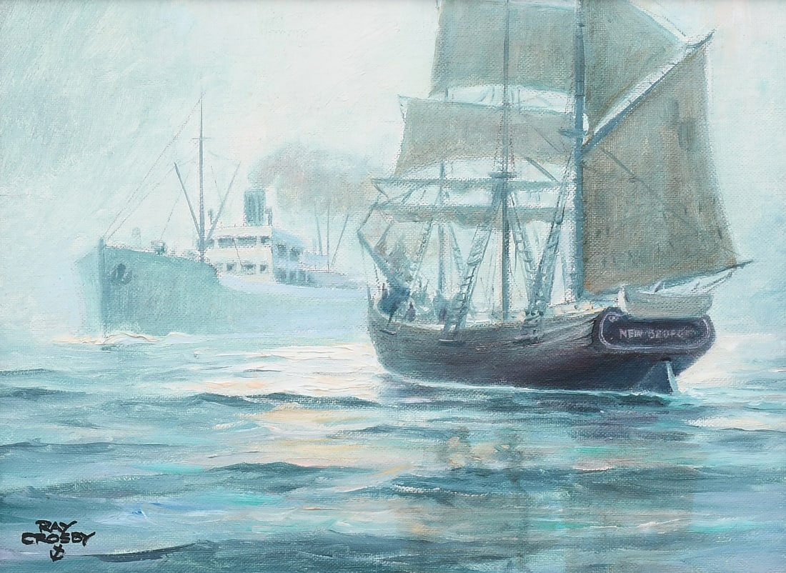 RAY CROSBY “TWILIGHT OF SAIL” PAINTING: CROSBY, Raymond Morrell, (American, 20th Century): “Twilight of Sail”, Oil/Canvas, 9” x 12”, signed lower left, framed, 14” x 17”.