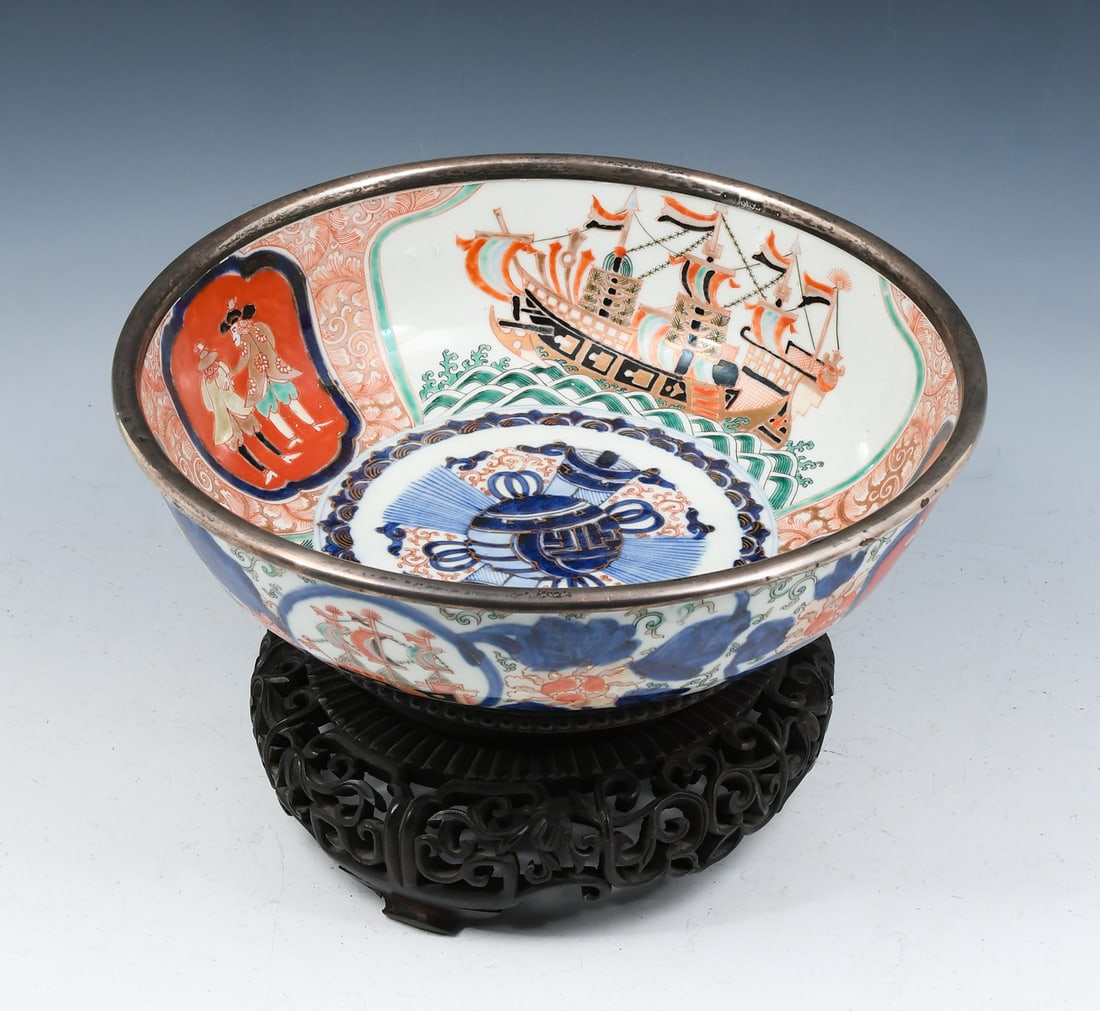 JAPANESE IMARI BOWL W/ BIRMINGHAM STERLING RIM (1 of 6)