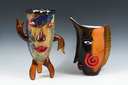 2 PC. CRISTALLERIA MURANO FACE VASE & PITCHER