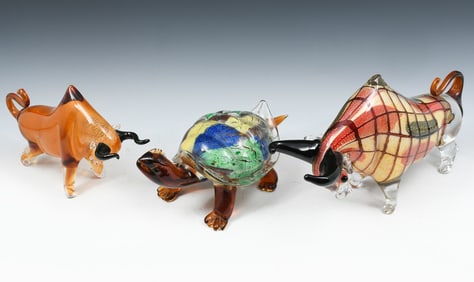 3 PC. MURANO ART GLASS BULLS & TURTLE