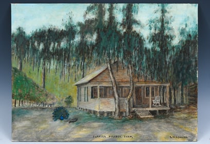 L.W. ROMAINE FLORIDA PEACOCK FARM PAINTING
