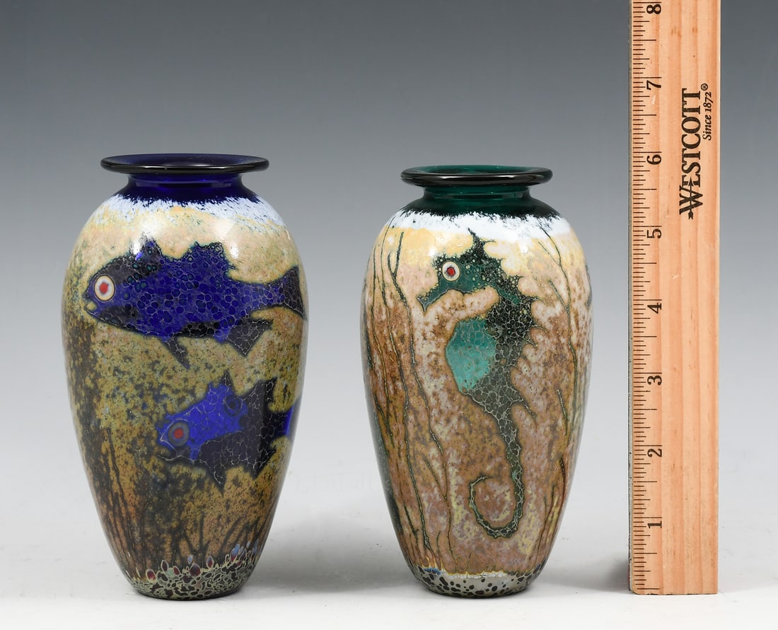 2 PC. MARINE LIFE MOTIF PAUL BENDZUNAS ART GLASS VASES (1 of 5)