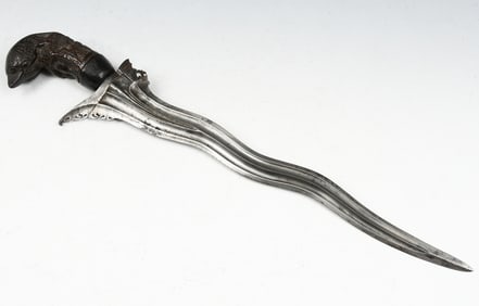 KERIS KNIFE W/ CARVED DARK WOOD HANDLE