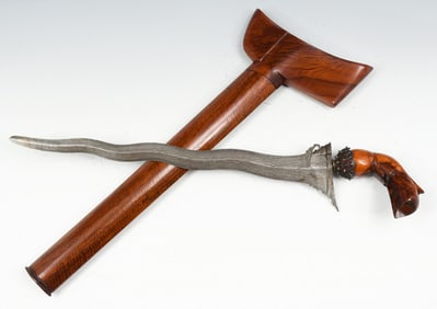 KERIS KNIFE W/ CARVED WOOD HANDLE AND SHEATH