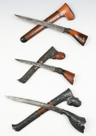 THREE SMALL PARING KNIVES W/ SHEATHES