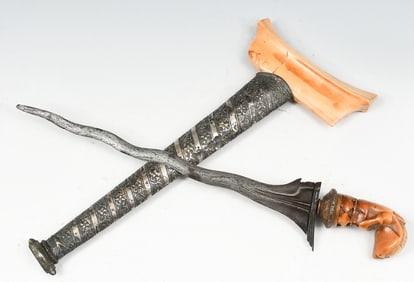 SLENDER KERIS W/ TOOLED METAL AND WOOD SHEATH