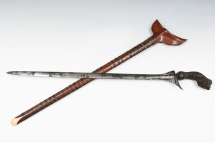 LONG KERIS KNIFE W/ CARVED WOODEN HANDLE