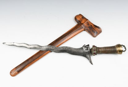 KERIS KNIFE W/ METAL HANDLE & WOOD SHEATH