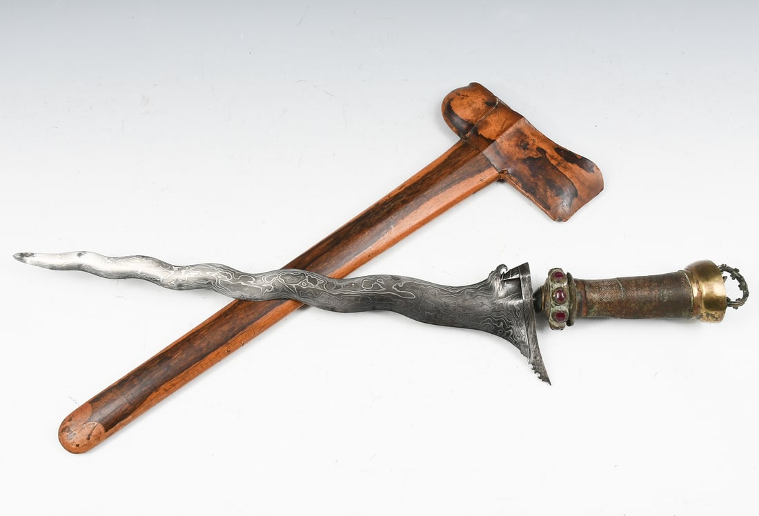 KERIS KNIFE W/ METAL HANDLE & WOOD SHEATH (1 of 6)
