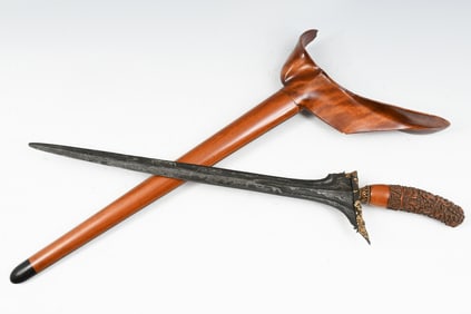 KERIS KNIFE W/ CARVED WOODEN HANDLE AND SHEATH