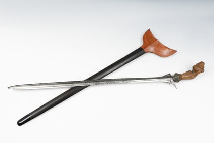 KERIS KNIFE W/ CARVED HANDLE AND TWO-WOOD SHEATH