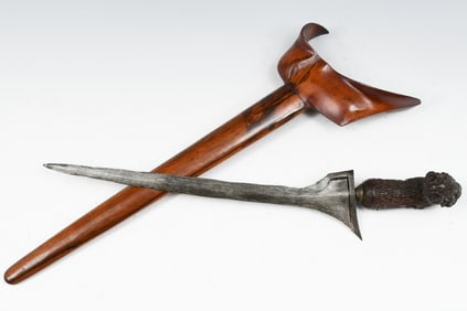 KERIS KNIFE W/ CARVED WOODEN HANDLE AND SHEATH