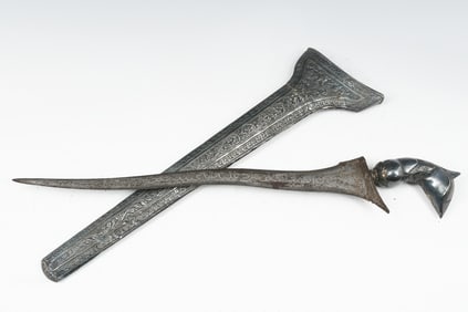 KERIS KNIFE W/ SILVERED HANDLE AND SHEATH