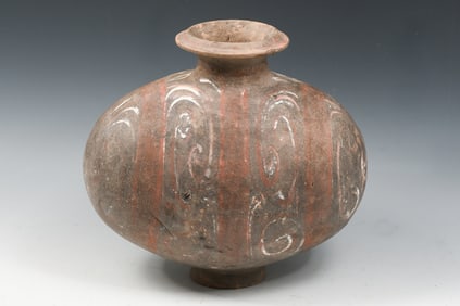 CHINESE HAN DYNASTY POLYCHROME POTTERY COCOON JAR