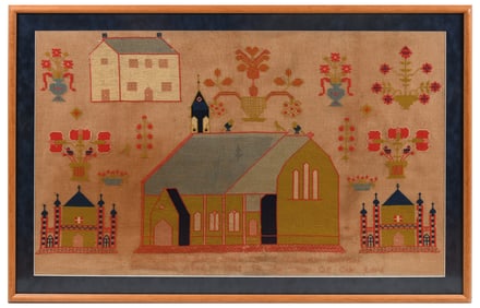 LARGE FRAMED 19TH CENTURY FOLK ART SAMPLER