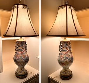 PR. JAPANESE SATSUMA PORCELAIN MORIAGE TABLE LAMPS