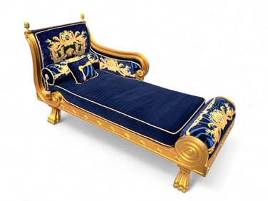 CARVED & GILT VERSACE UPHOLSTERED CHAISE LOUNGE