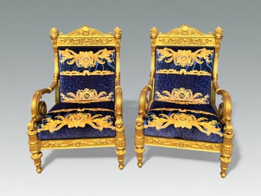 PR. CARVED & GILT VERSACE UPHOLSTERED ARMCHAIRS