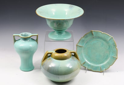 4 PC. FULPER POTTERY VASES, DISH, & PEDESTAL BOWL