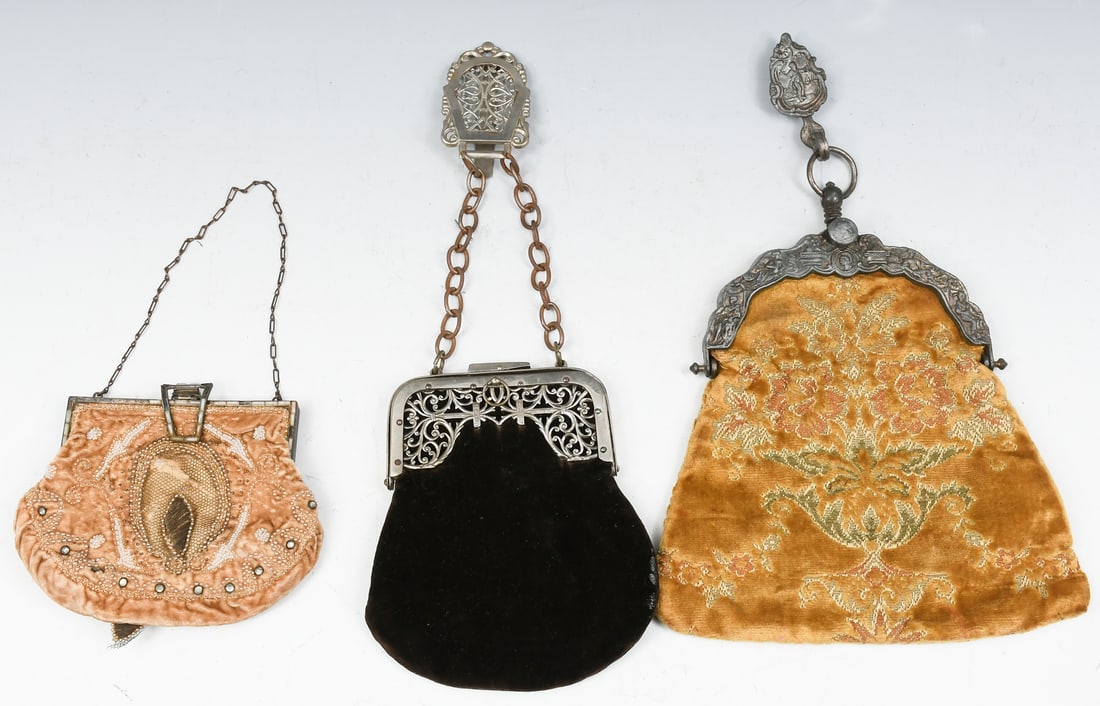 3 VELVET BAGS INCLUIDING CHATELAINES: 3 VELVET BAGS INCLUIDING CHATELAINE: Collection of trio of velvet bags, 2 with chatelaines. The large bag is a gold damask velvet in good overall condition, with some spot on the velvet. The brown vel