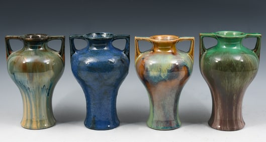 4 PC. SQUARE HANDLED FULPER POTTERY VASES