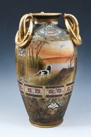NIPPON HUNTING DOG SCENIC PORCELAIN VASE