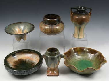 6 PC. CAT'S EYE FLAMBE FULPER POTTERY