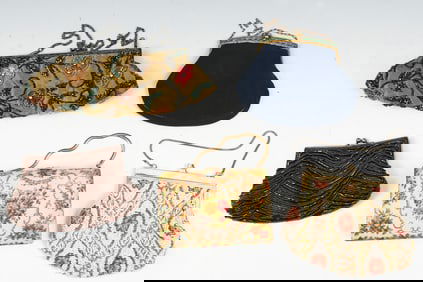 5 ASSORTED SILK BEADED TAPESTRY BAGS