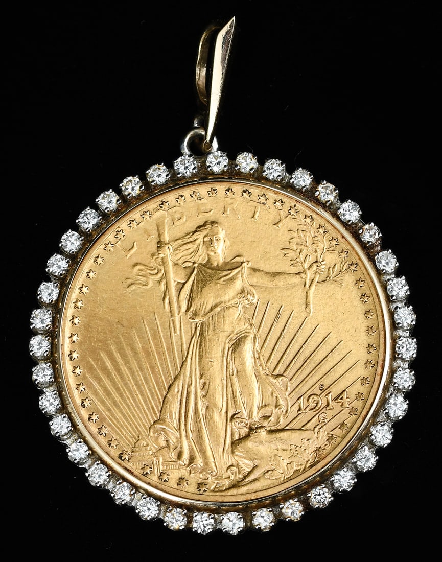 1914S $20 GOLD COIN IN A 14K BEZEL W/39 DIAMONDS