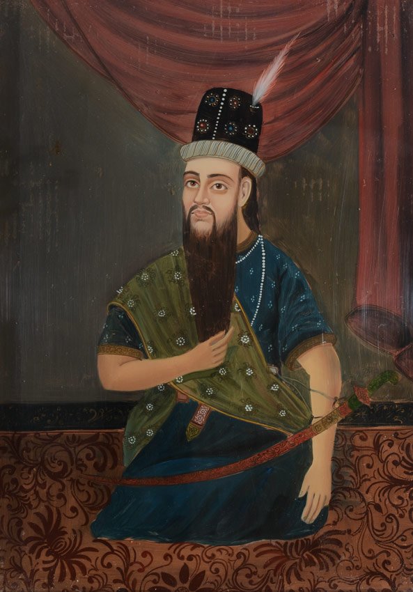 REVERSE PAINTED SE ASIAN PAINTING OF MAN KNEELING: REVERSE PAINTED SOUTHEAST ASIAN PAINTING OF A MAN KNEELING: Sight size 18 1/2'' x 13'', framed 21 1/2'' x 16 1/4'', New York Gallery label affixed verso, from the 50's for $3500.